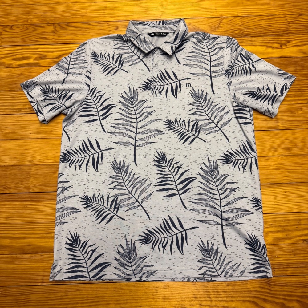 Travis Mathew Polo Shirt Mens XL Gray Blue Palm Leaf Golf Performance Pima